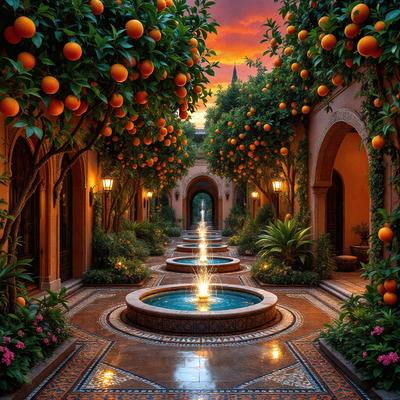 The primary subject of the image is a beautifully designed garden with a fountain in the center. The garden is filled with orange trees, creating a vibrant and lively atmosphere. The setting is an outdoor space with a stone walkway, and the visual style is a photo. The colors and mood of the scene are predominantly orange, which adds warmth and a sense of tranquility to the environment.